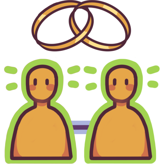 two people highlighted in green and connected by a purple line, with a pair of interlocking rings above them.